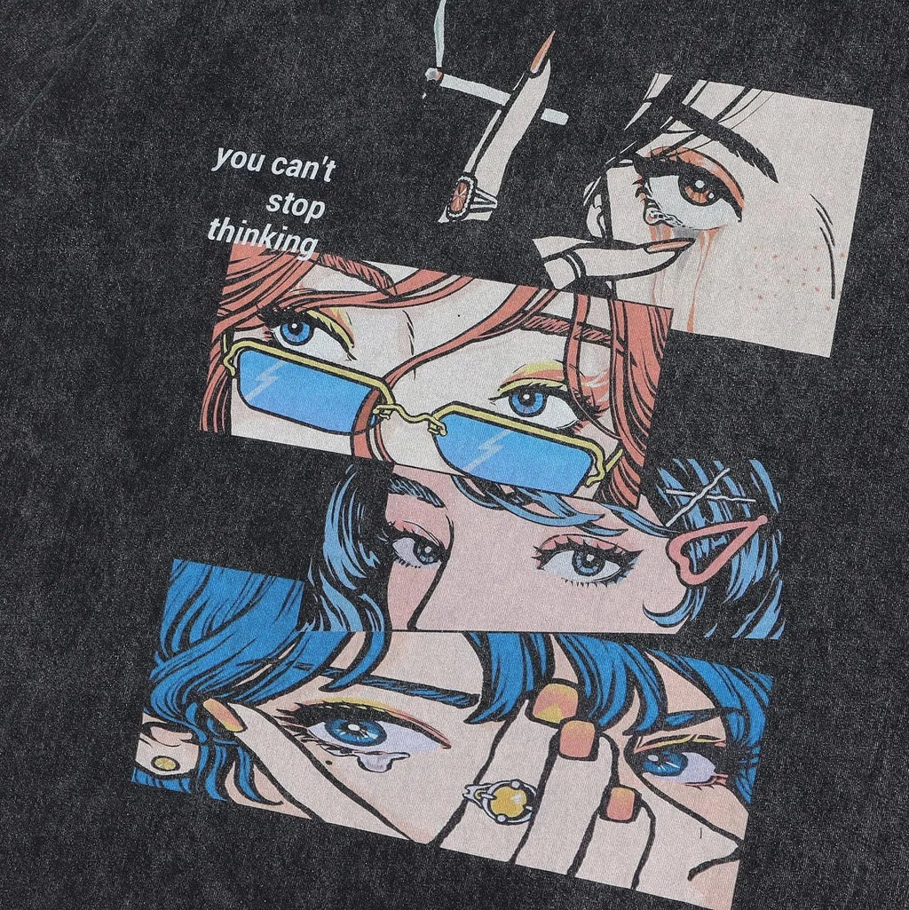Men's black cartoon-print cotton t-shirt with retro padded construction and loose street fit