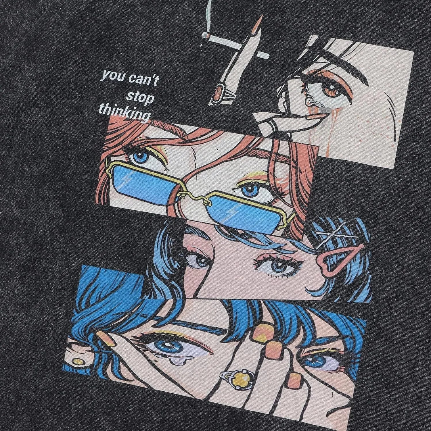 Men's black cartoon-print cotton t-shirt with retro padded construction and loose street fit