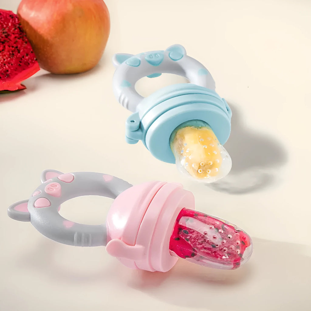 Soft silicone baby teether in blue, green, and pink colours with one or three mouthpiece options.