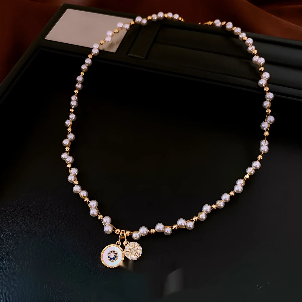 Real gold electroplated clavicle chain necklace with round zircon pearl pendant