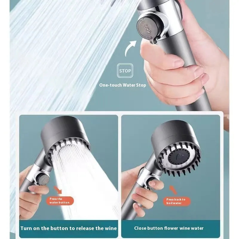 Portable white ABS shower head with three-gear dial for spray, massage, and rain functions.