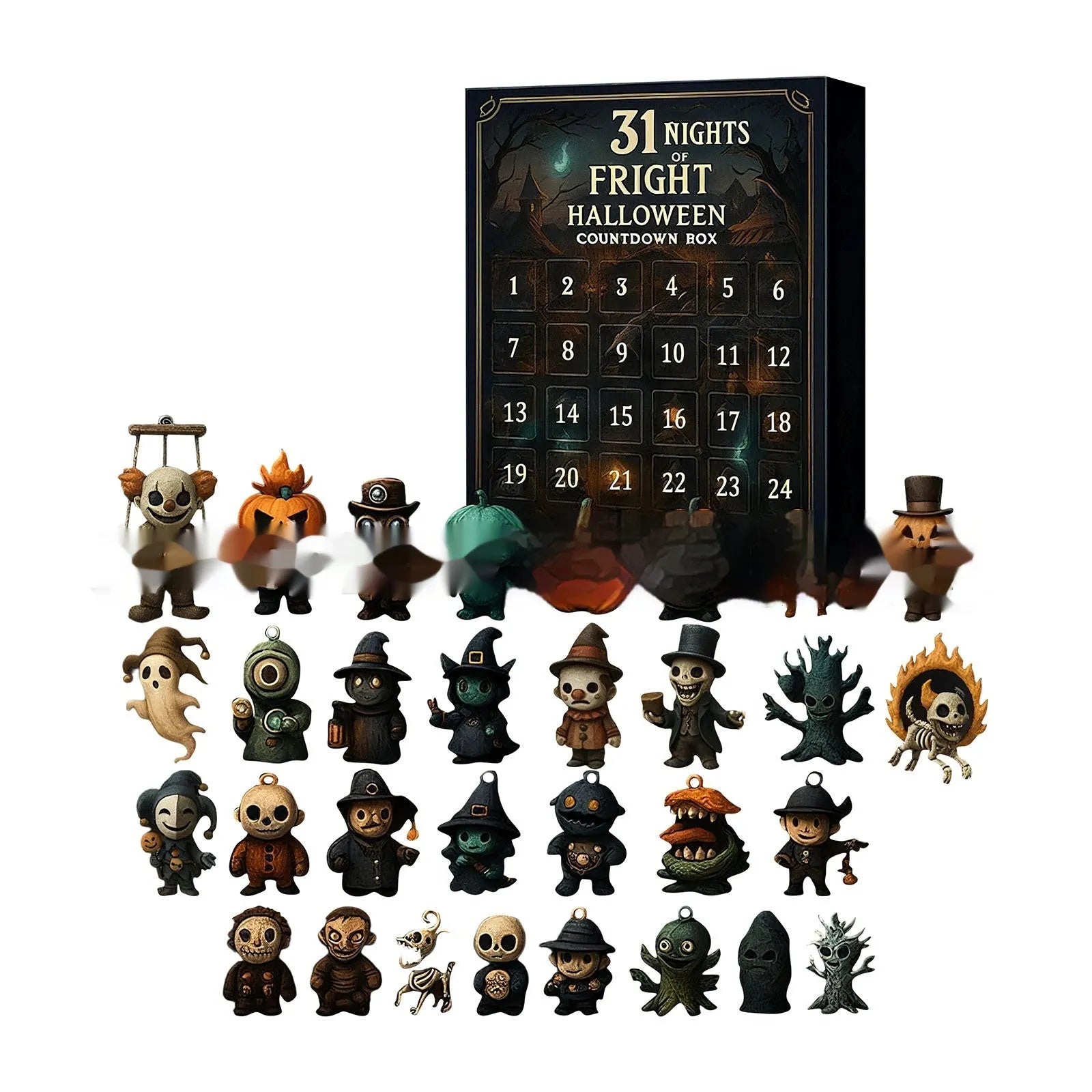 Halloween Countdown Box blind box advent calendar with horror theme and doll figure inside.