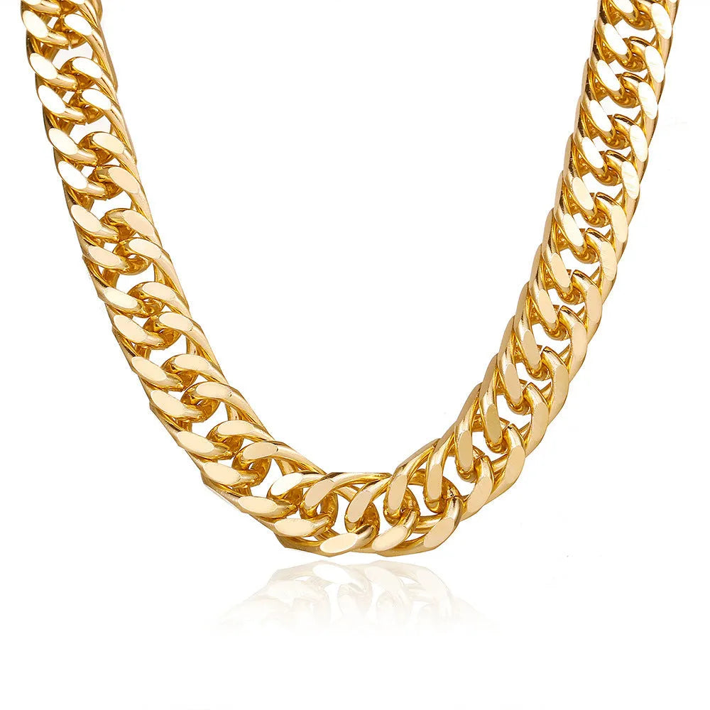 Women's gold electroplated thick chain necklace showing 32cm length and alloy construction
