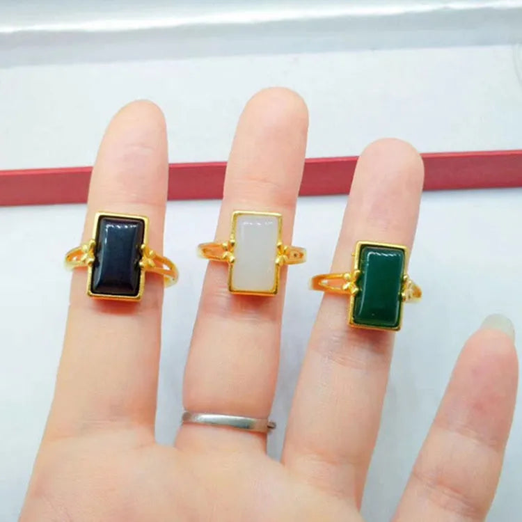 Adjustable brass gold-plated ring with long gemstone in national style design