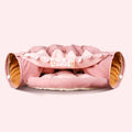 A collapsible cloth cat tunnel in Bar colour, showing its arched shape and dimensions for feline play.