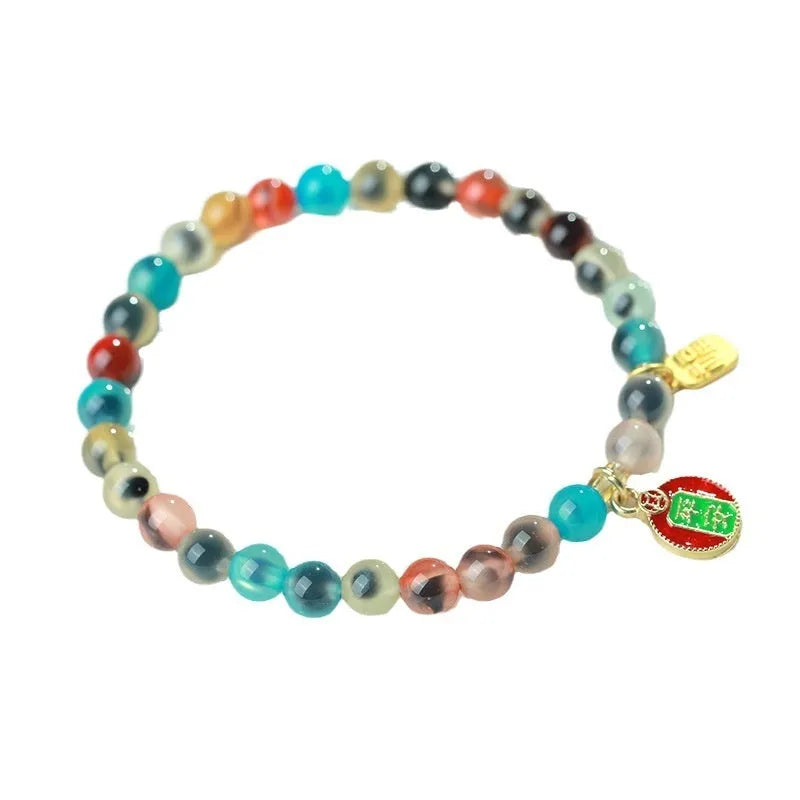 Natural agate women's bracelet with colourful sugar heart designs and geometric snake chain closure