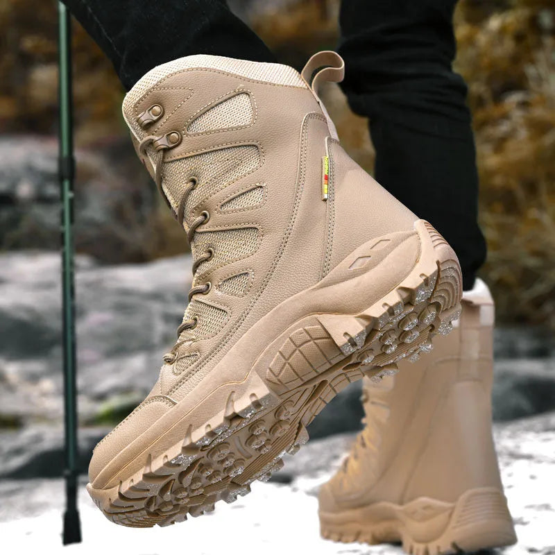Cowhide leather hi-top hiking shoes with platform sole in beige colour