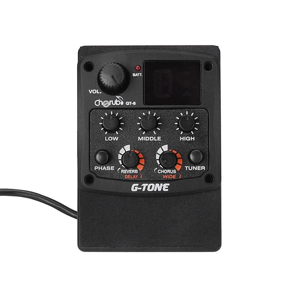 Cherub GT-6 black acoustic guitar EQ pickup unit with control knobs for 3-band EQ and built-in effects.