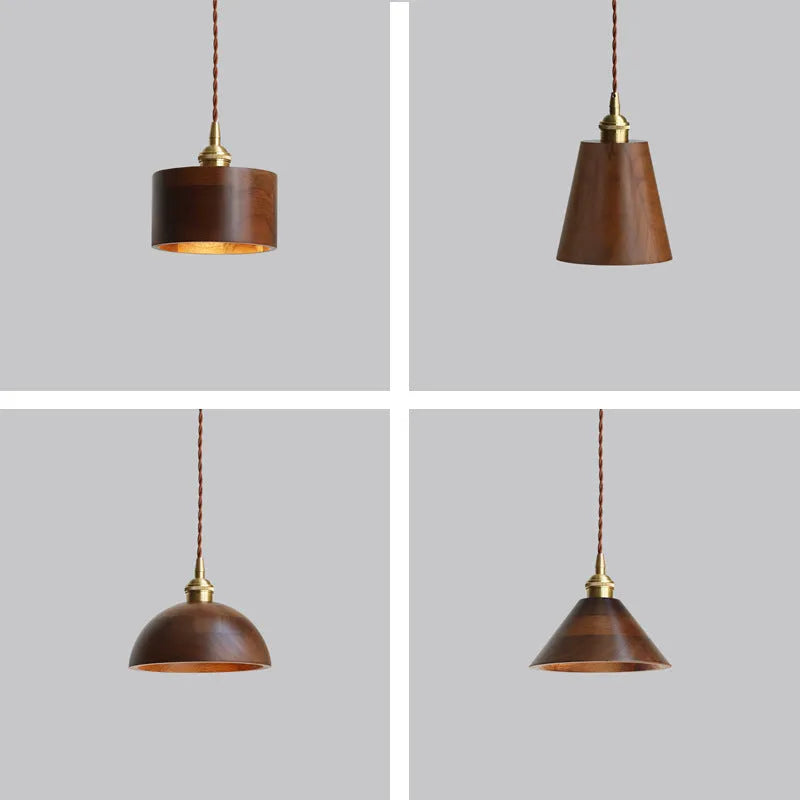 Black walnut finish single-head droplight chandelier with copper and wood art construction.