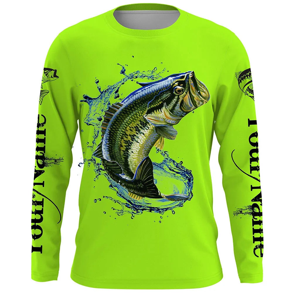 Men's grey pullover sweater with a detailed all-over fish print, featuring a round neck and long sleeves.