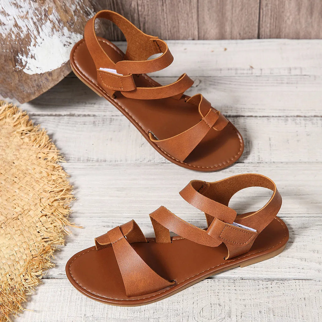 Women's flat sandals with Velcro fastening in colourful, brown and black colour options
