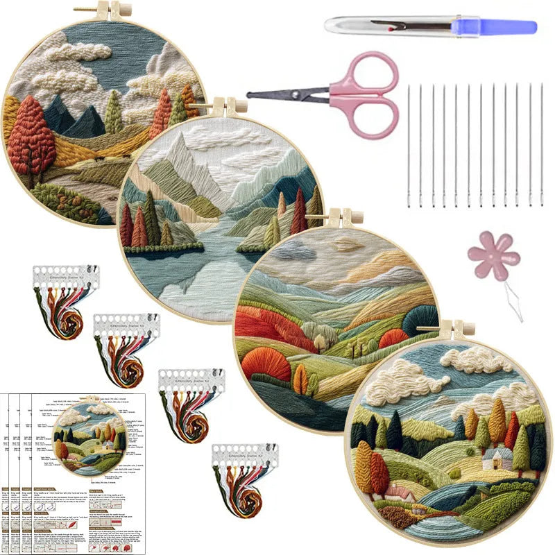 Landscape embroidery DIY kit with cotton linen fabric, 15cm imitation bamboo frame, and embroidery tools