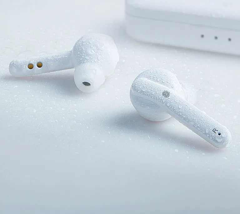 Black and white true wireless Bluetooth 5.0 earbuds with IPX5 waterproof rating.