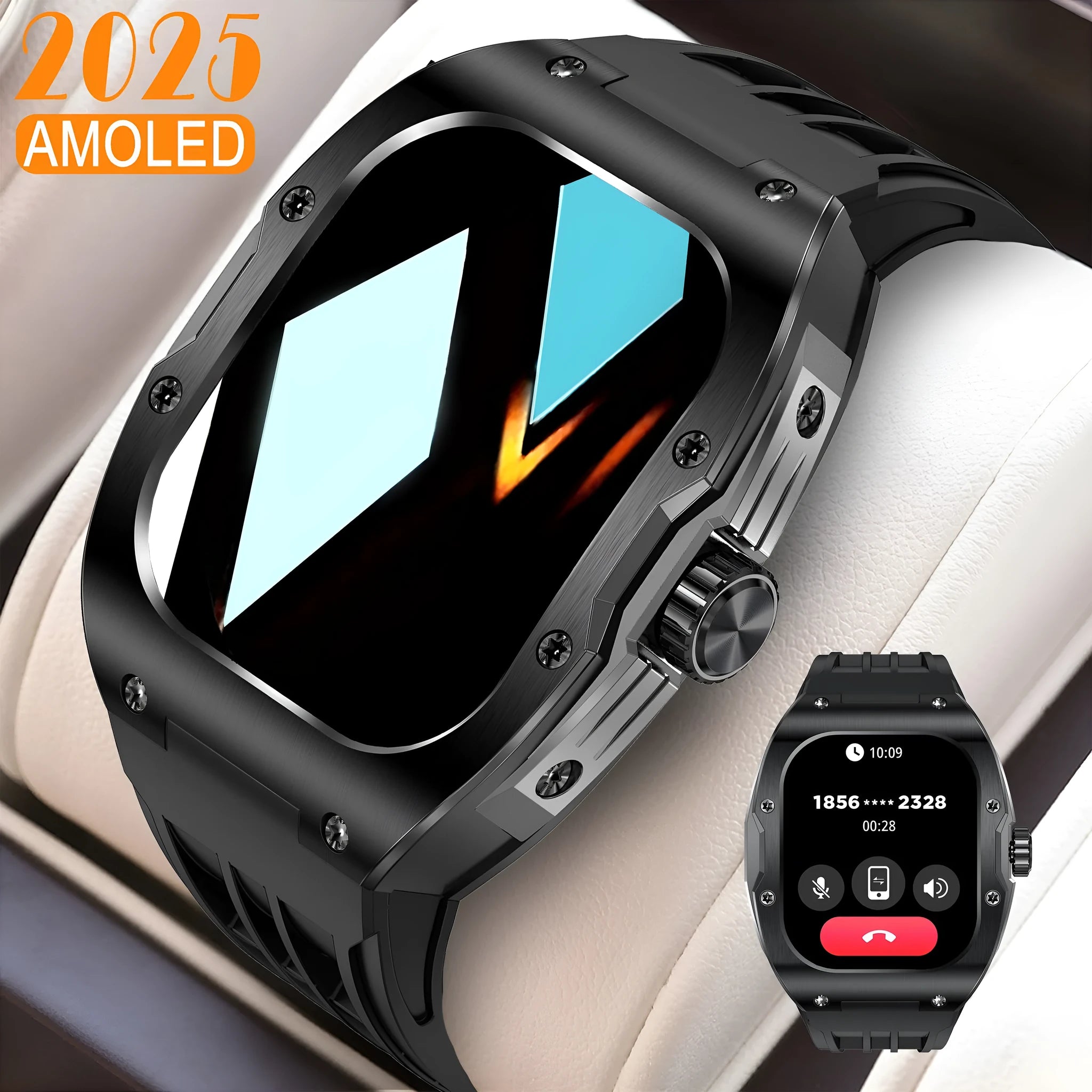 A men's smart watch with a black strap and AMOLED screen, showing a fitness tracking interface.