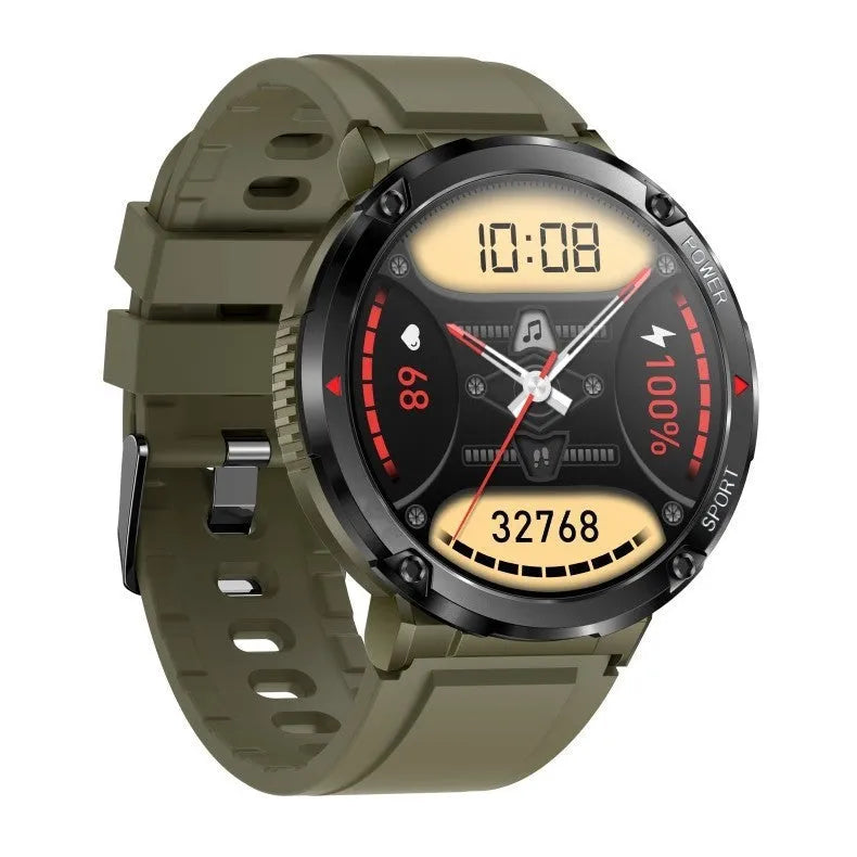 T30 smart watch with circular IPS screen on a silicone strap, showing health metrics and call interface.
