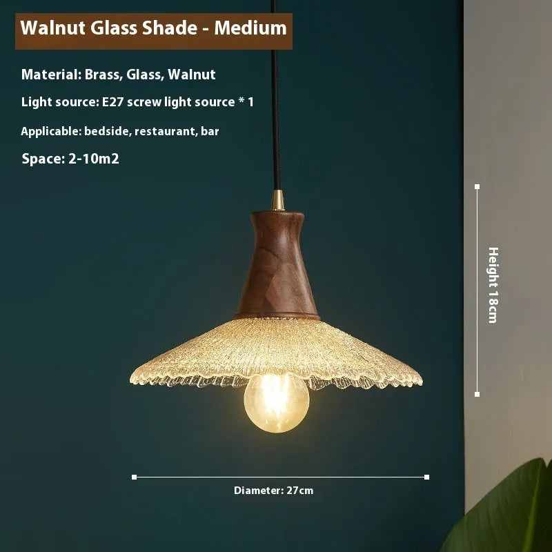 Retro brass and wood ceiling chandelier with a glass lampshade, shown in small, medium, and large sizes.
