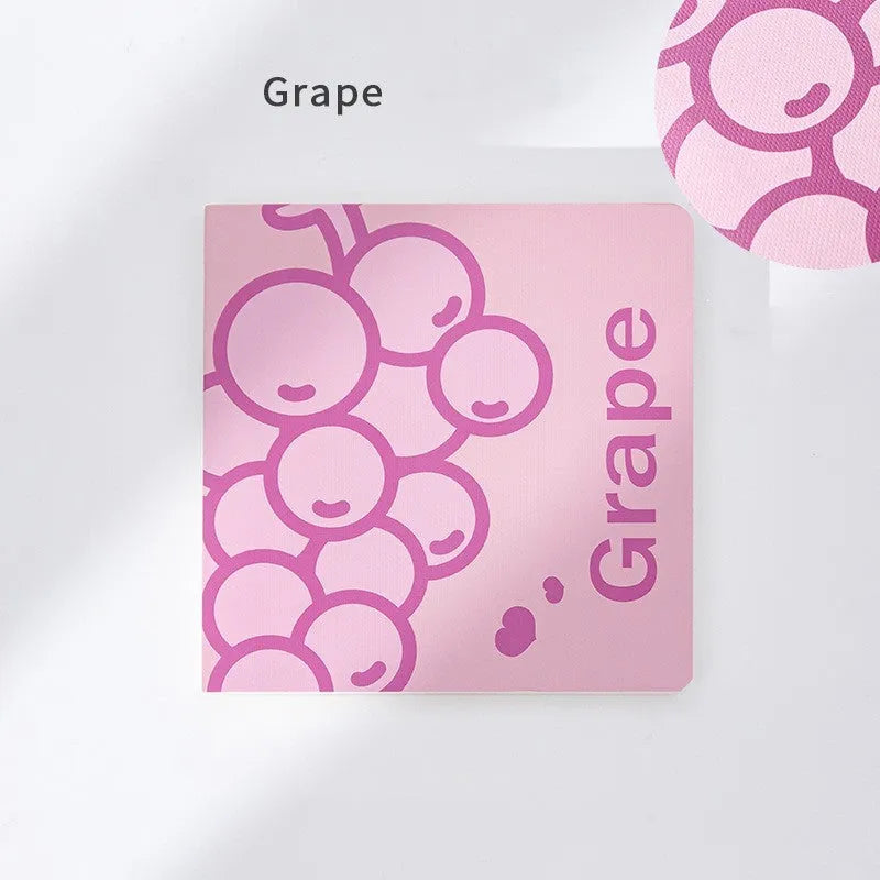 Square notebook with colour embossed fruit cover or white design, showing 14.5cm sides and 80g paper pages.