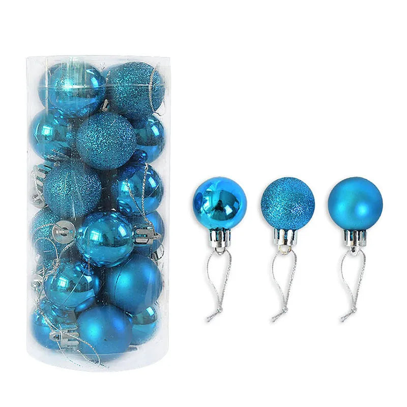 Assortment of shiny matte finish 3cm Christmas ball ornaments in gold, red, silver, and blue colours.