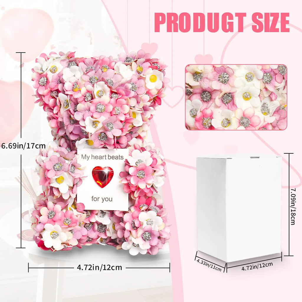 Pink artificial rose bear handmade gift ornament with polyester foam construction 17cm