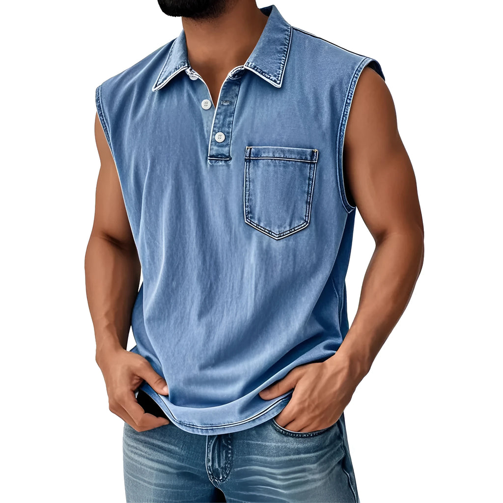 Man wearing a loose-fit short-sleeve polo shirt with a 3D digital print design.
