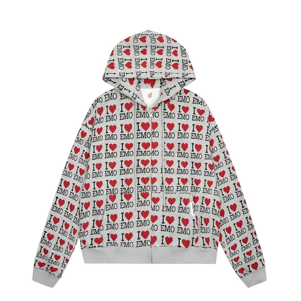 Women's melange grey cotton cardigan with hood and retro autumn pattern