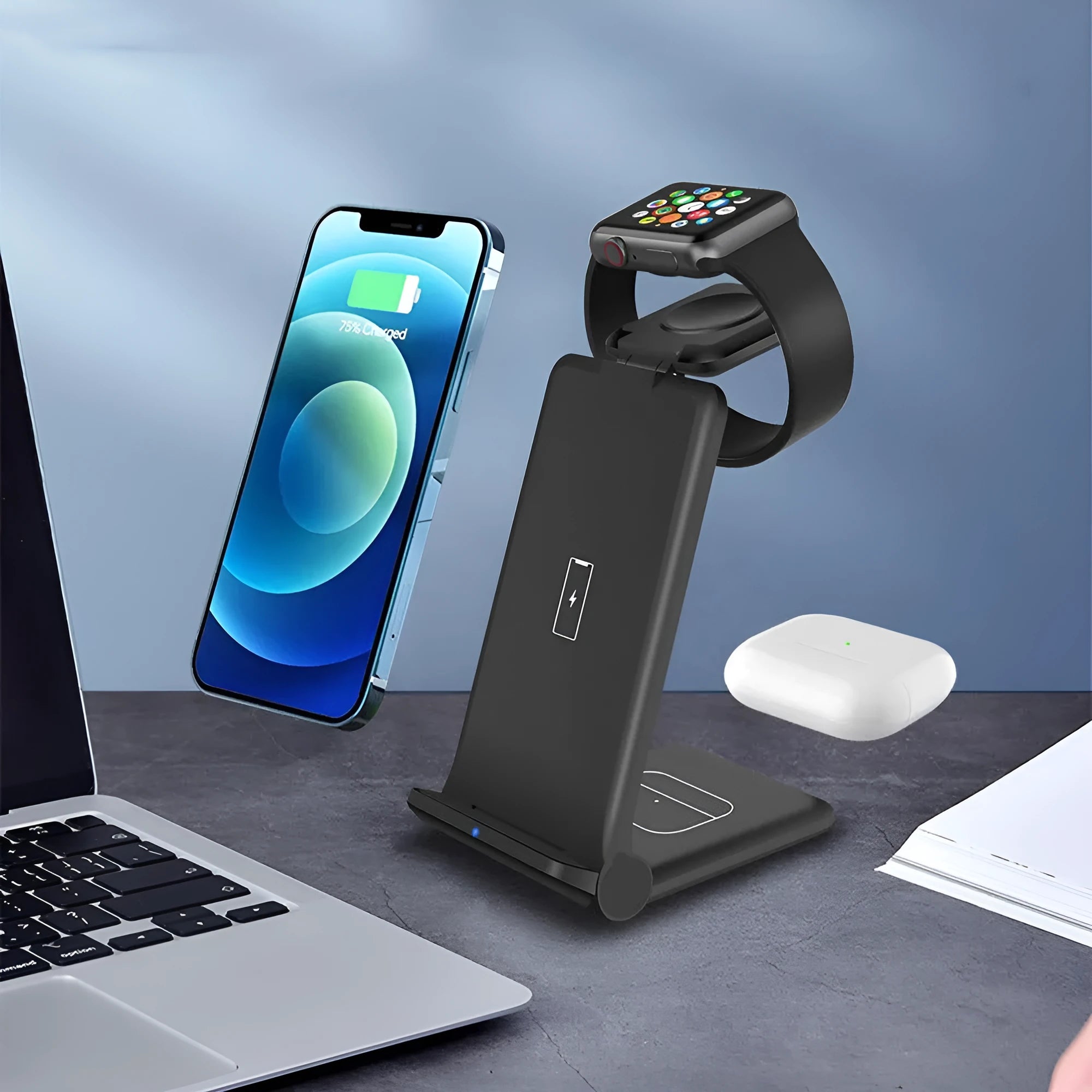 White 3-in-1 foldable wireless charging station showing iPhone, AirPods, and Apple Watch charging simultaneously