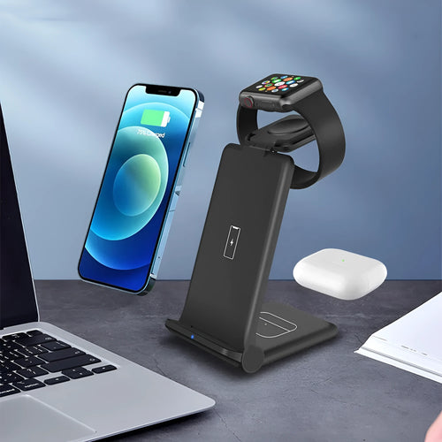 White 3-in-1 foldable wireless charging station showing iPhone, AirPods, and Apple Watch charging simultaneously