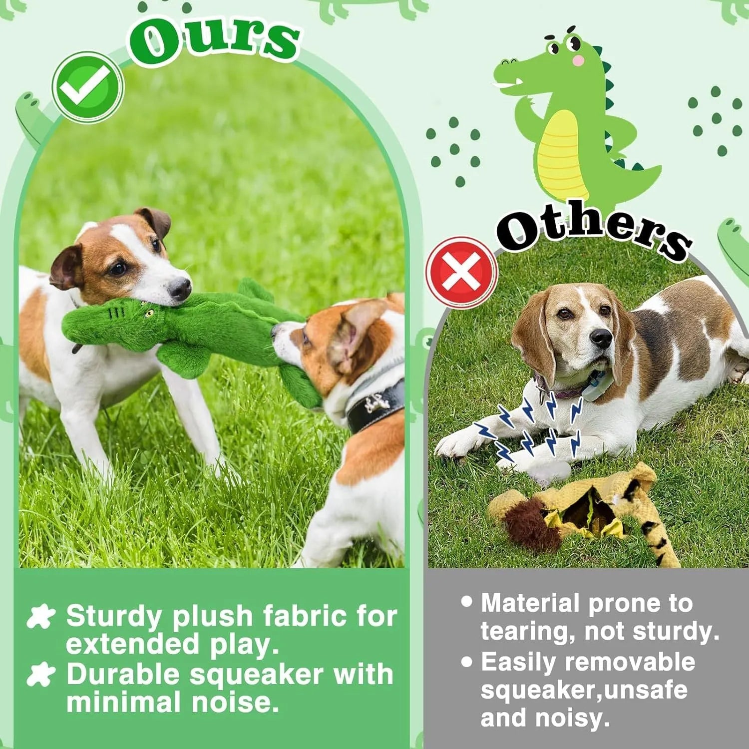 Green crocodile plush dog toy with stuffing-free construction and squeaker sound feature