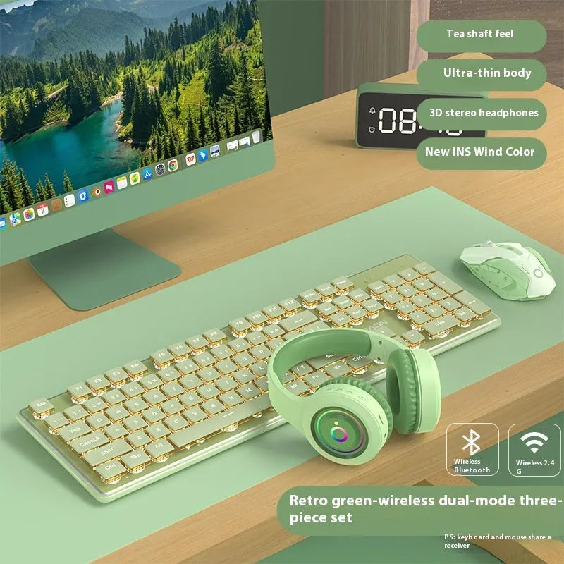 Prewalker V3 wired and wireless keyboard and mouse set in retro green colour on a desk