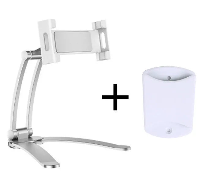 Silver aluminium alloy tablet stand with white mount and adjustable clip on a desktop
