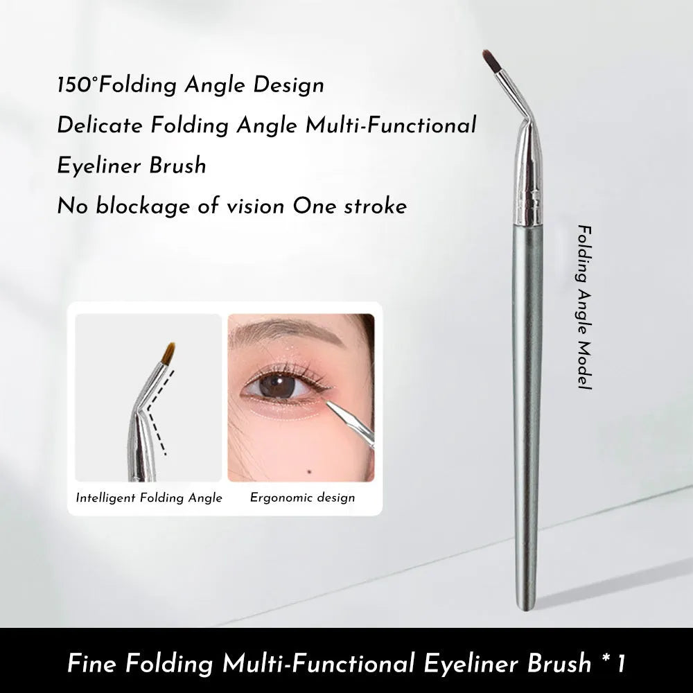 Angle view of a bend head fine tip eyeliner brush for under eye and tear trough makeup application.