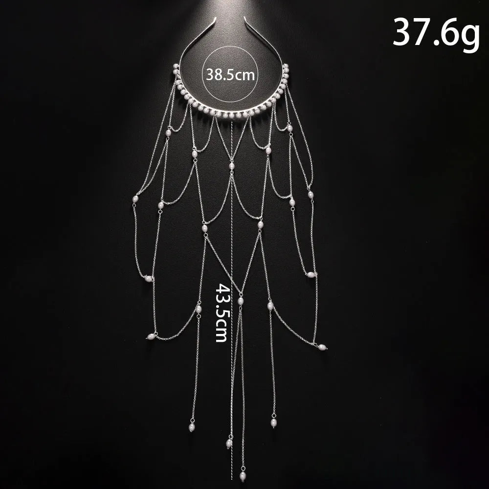 Gold or silver mesh tassel hair chain with pearl elements for women