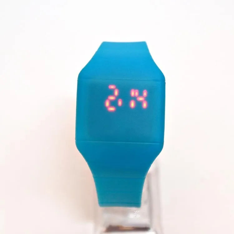 Square electronic watch with touch screen, plastic case, PU strap, and stainless steel buckle in multiple colour options