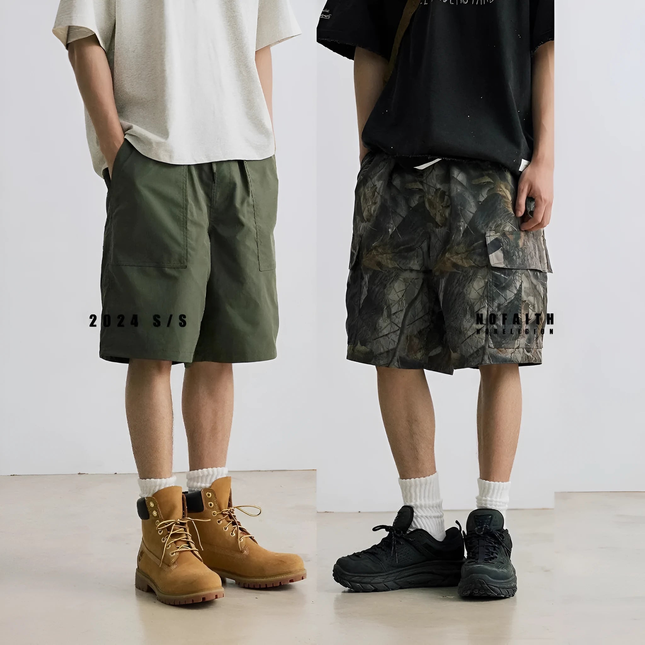 Straight-leg denim shorts in black or army green with mid-waist design and zip fly