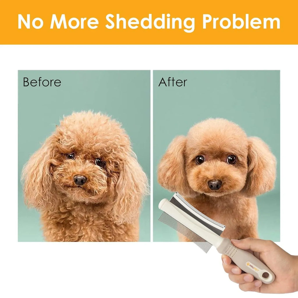 White 2-in-1 pet grooming brush with comb and deshedding sides, ergonomic handle