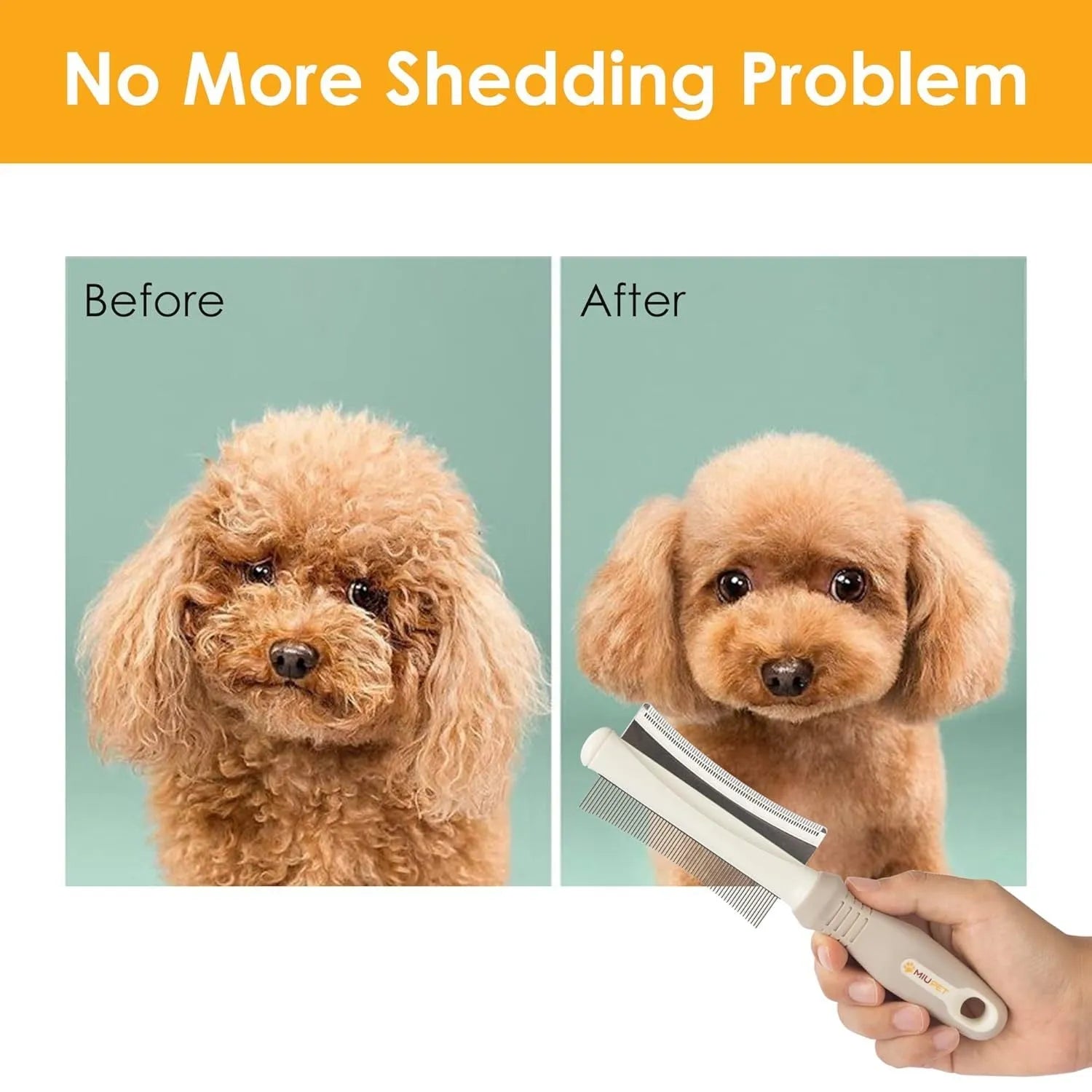 White 2-in-1 pet grooming brush with comb and deshedding sides, ergonomic handle