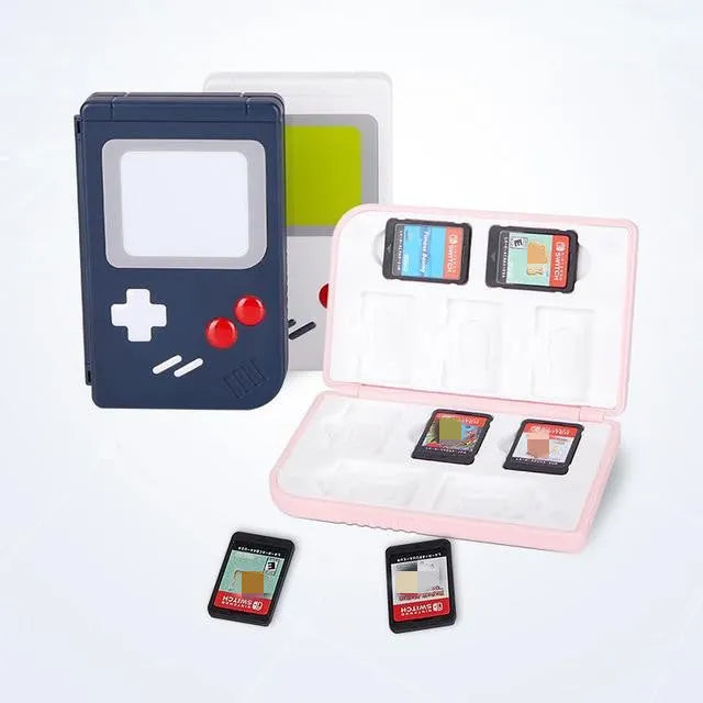 Nintendo Switch game card storage case in blue, pink and white colour options