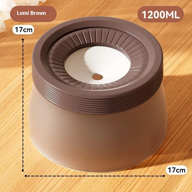 Suspension pet water bowl with non-wet mouth design in blue, green, and brown colour options showing 600ml and 1200ml capacities
