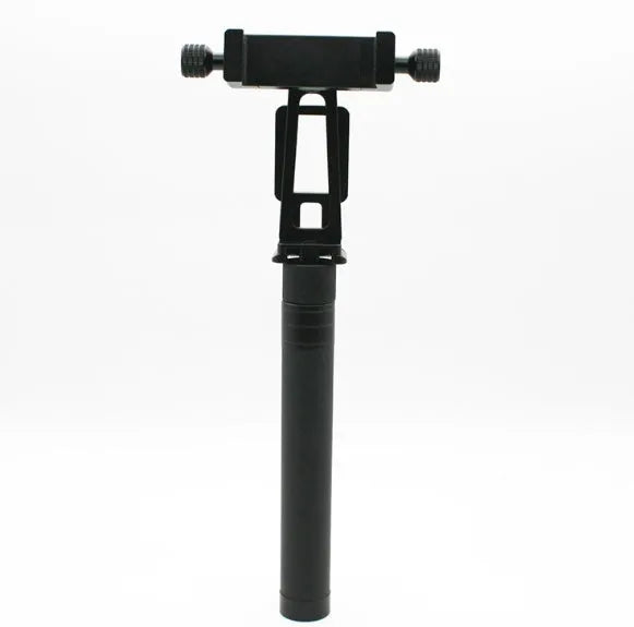 Black retractable aluminium selfie stick extended to 45 cm with a smartphone mounted.