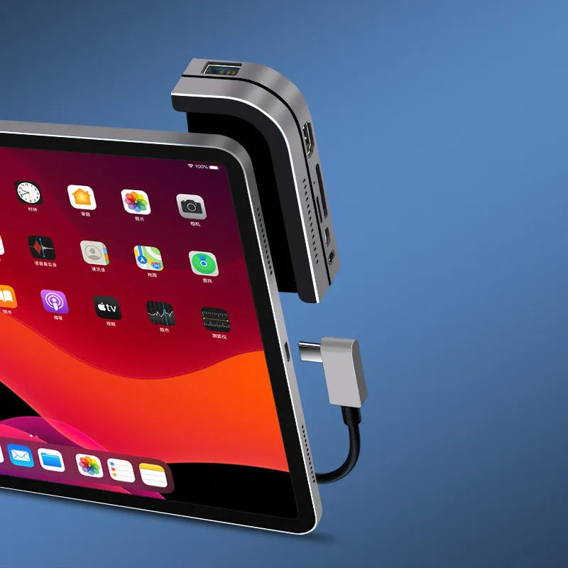 Silver aluminium grey 6-in-1 docking station for iPad Pro with USB-C connector and multiple ports