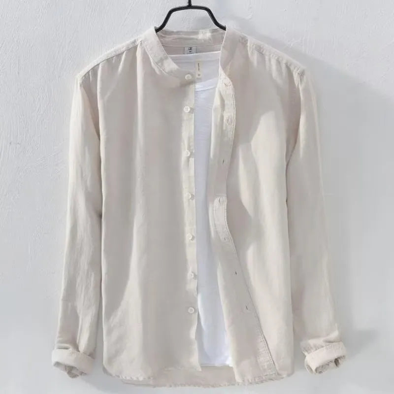Loose fit casual long sleeve shirt in cotton linen blend fabric showing dark blue colour option