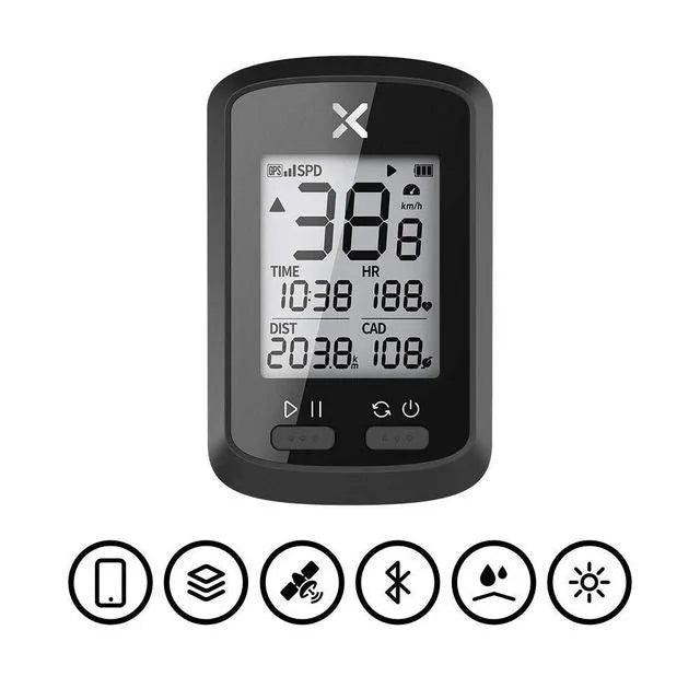 Black waterproof plastic digital stopwatch for bicycle handlebars.
