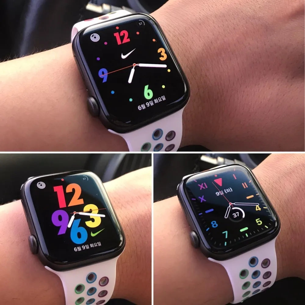 Silicone sports wristband strap with single buckle in black, rainbow, and white colour options showing 38x40mm and 42x44mm sizes