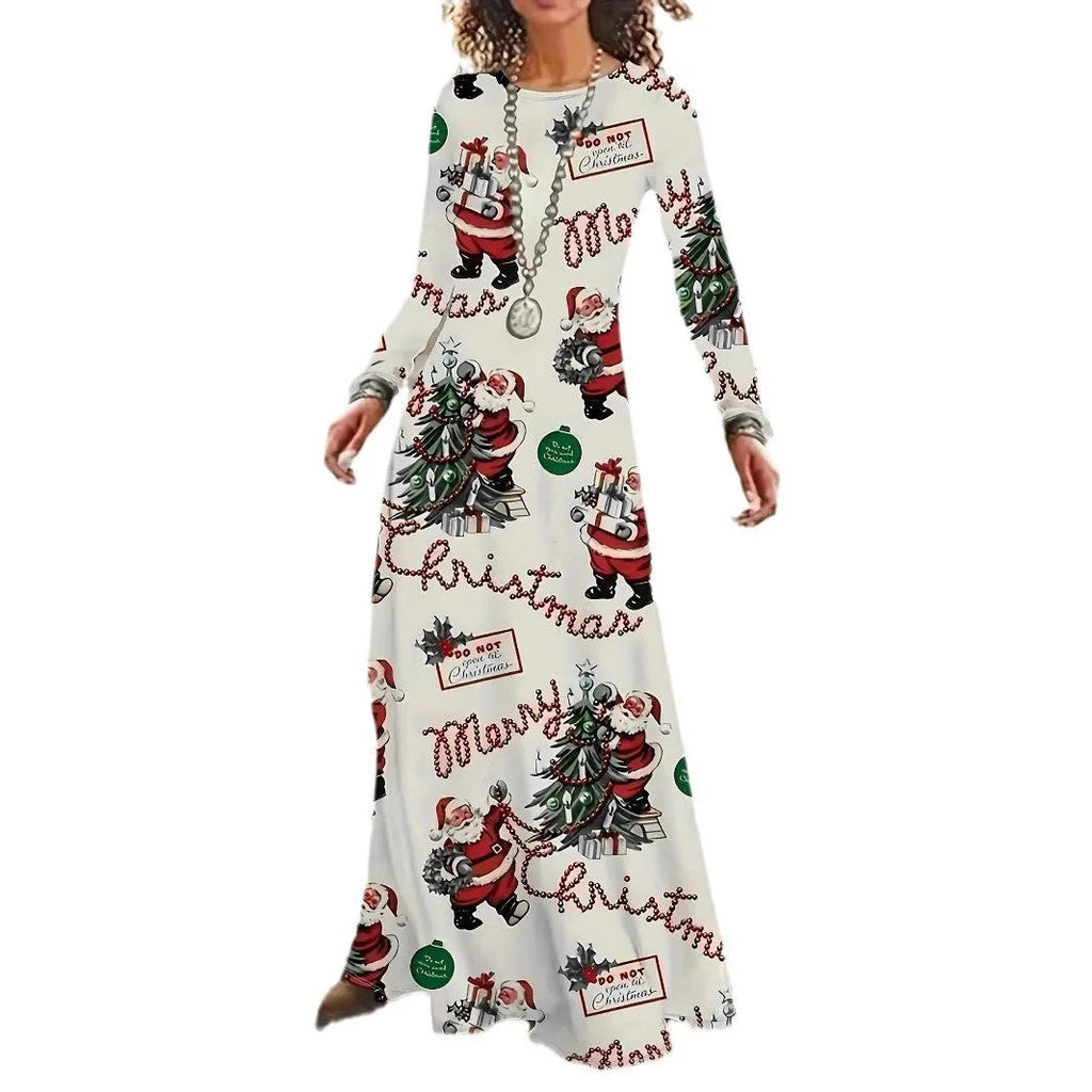 Santa Claus printed long sleeve round neck polyester dress in beige with mid waist and leather stitching