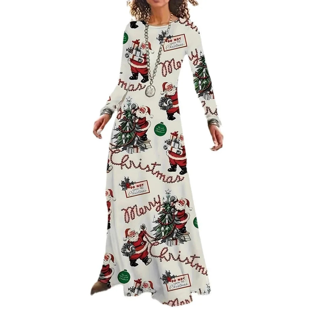 Santa Claus printed long sleeve round neck polyester dress in beige with mid waist and leather stitching