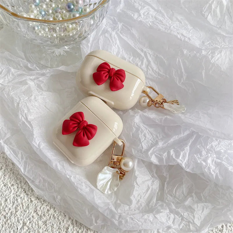 Beige red bow shell pendant wireless earphone case for AirPods Pro in TPU clamshell design