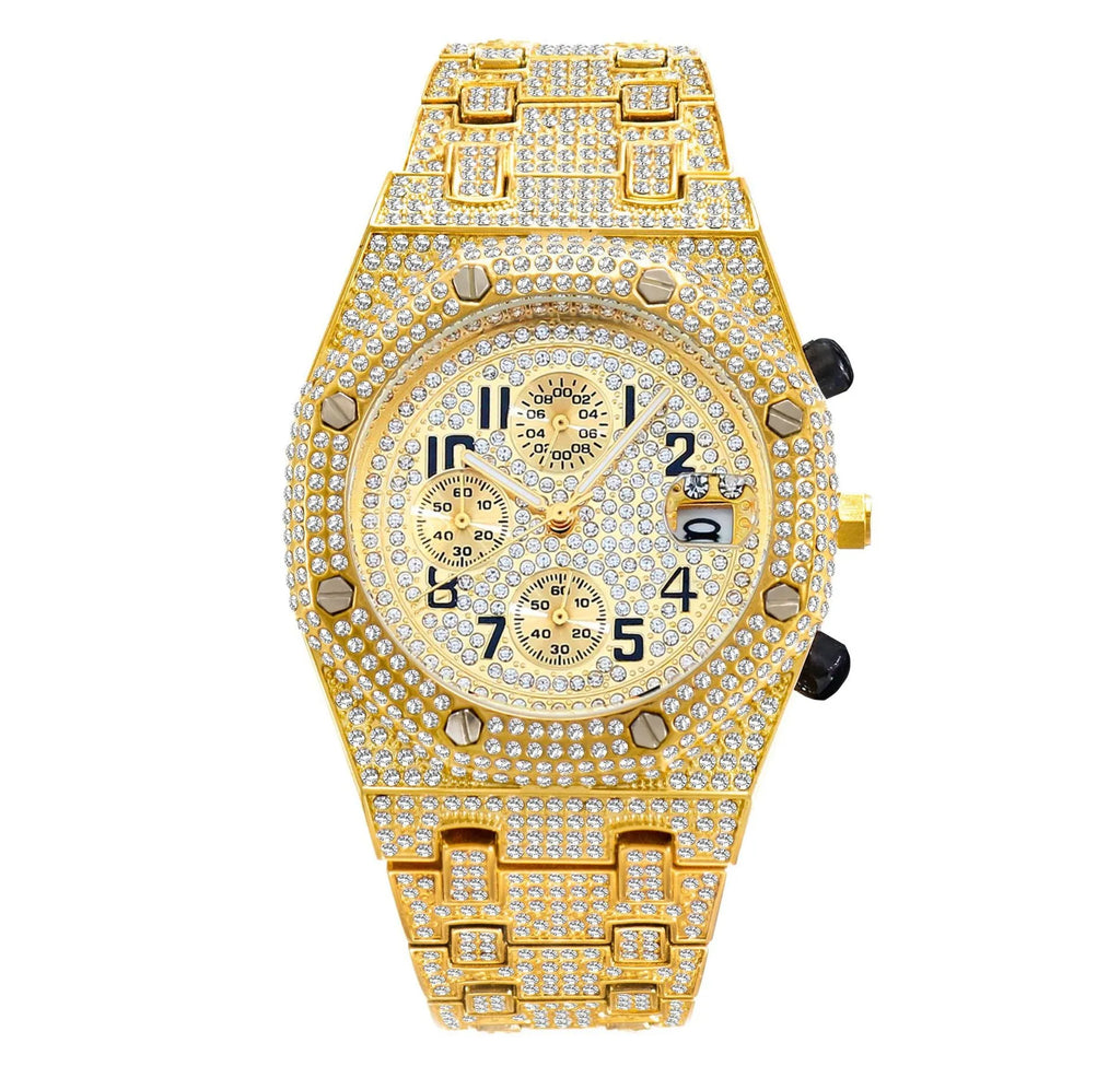 Full diamond three-eye chronograph quartz men's watch with 45mm gold alloy strap