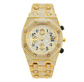 Full diamond three-eye chronograph quartz men's watch with 45mm gold alloy strap