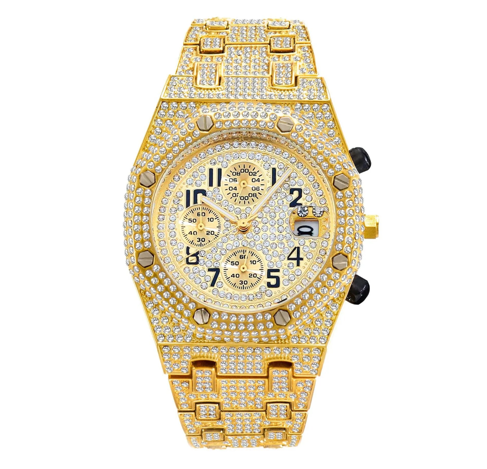 Full diamond three-eye chronograph quartz men's watch with 45mm gold alloy strap