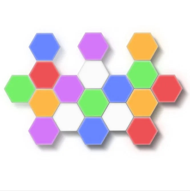 Helios modular honeycomb touch wall lamp modules in a geometric wall arrangement.
